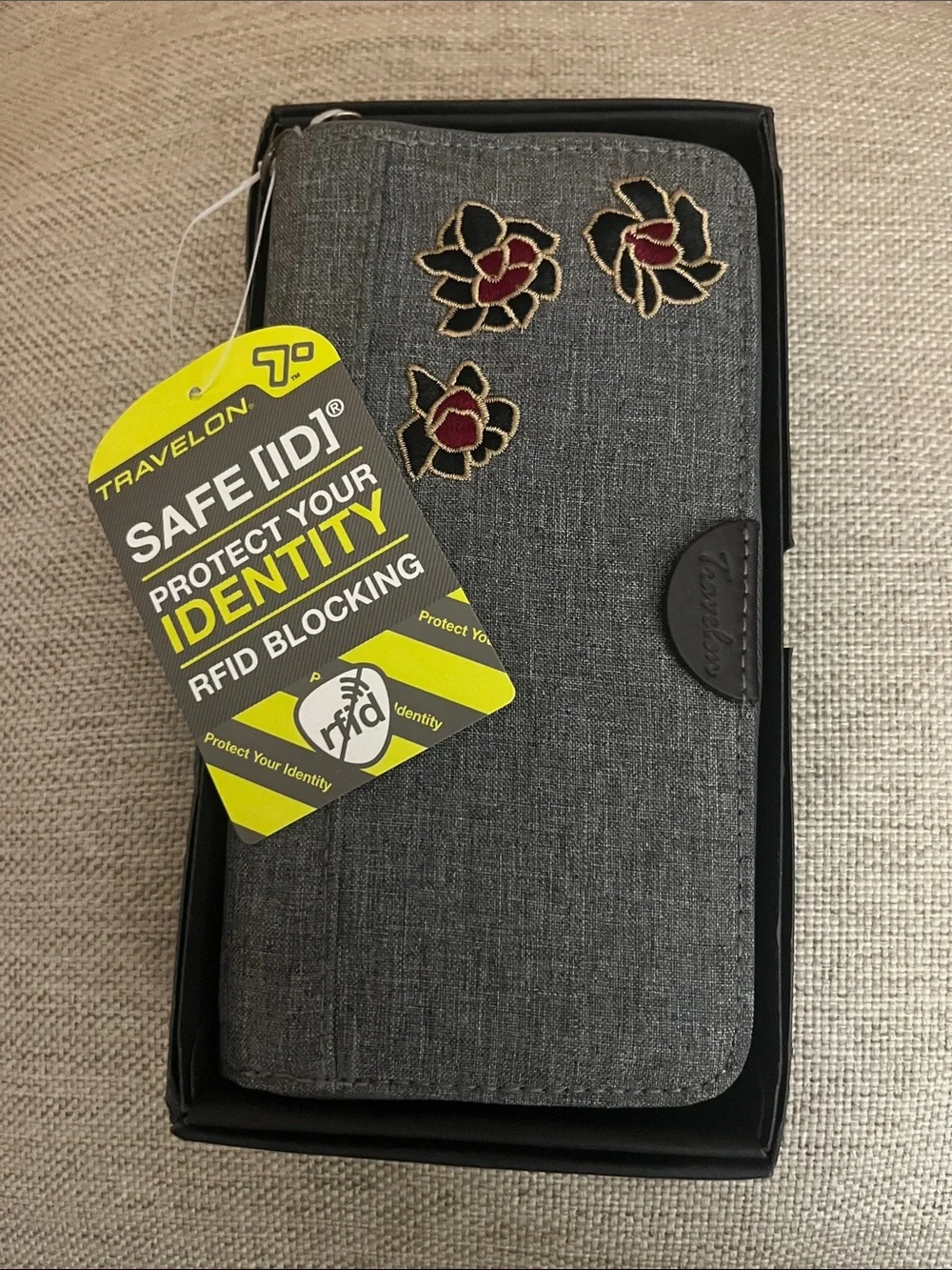 Travelon Gray RFID Wallet Case with Embroidered Floral Accents